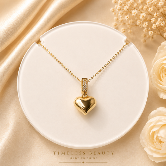 Luna Puffed Heart Necklace – Gold Crystal Charm