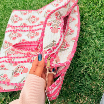 Blush Bloom Handmade Quilted Tote Bag | Floral Cotton Shopper Bag | Indian Block Print
