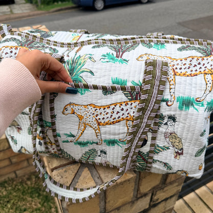 Handmade Quilted Indian Block Print Duffel Bag | Cotton Weekender Travel Bag | Safari Print