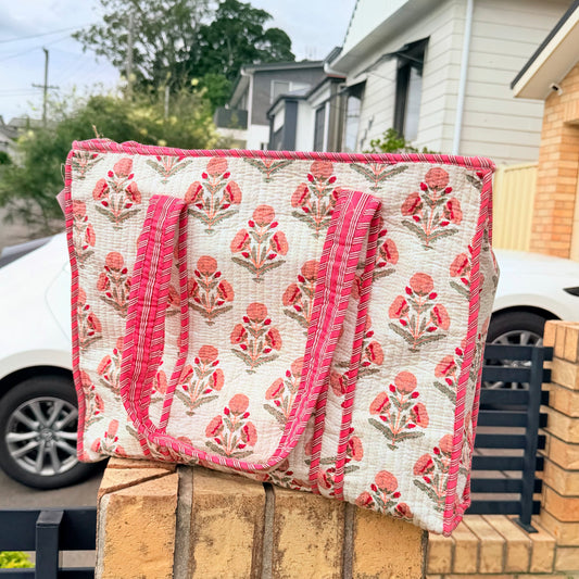 Blush Bloom Handmade Quilted Tote Bag | Floral Cotton Shopper Bag | Indian Block Print