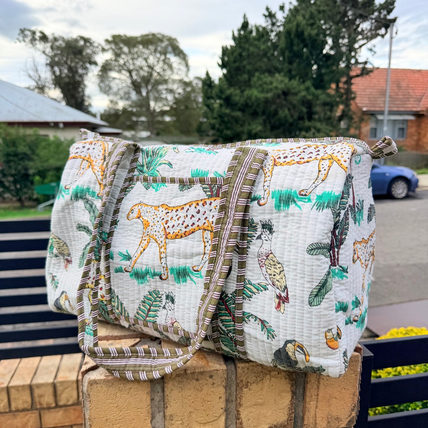 Handmade Quilted Indian Block Print Duffel Bag | Cotton Weekender Travel Bag | Safari Print
