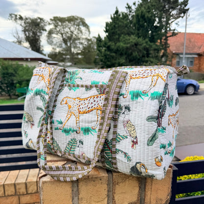 Handmade Quilted Indian Block Print Duffel Bag | Cotton Weekender Travel Bag | Safari Print