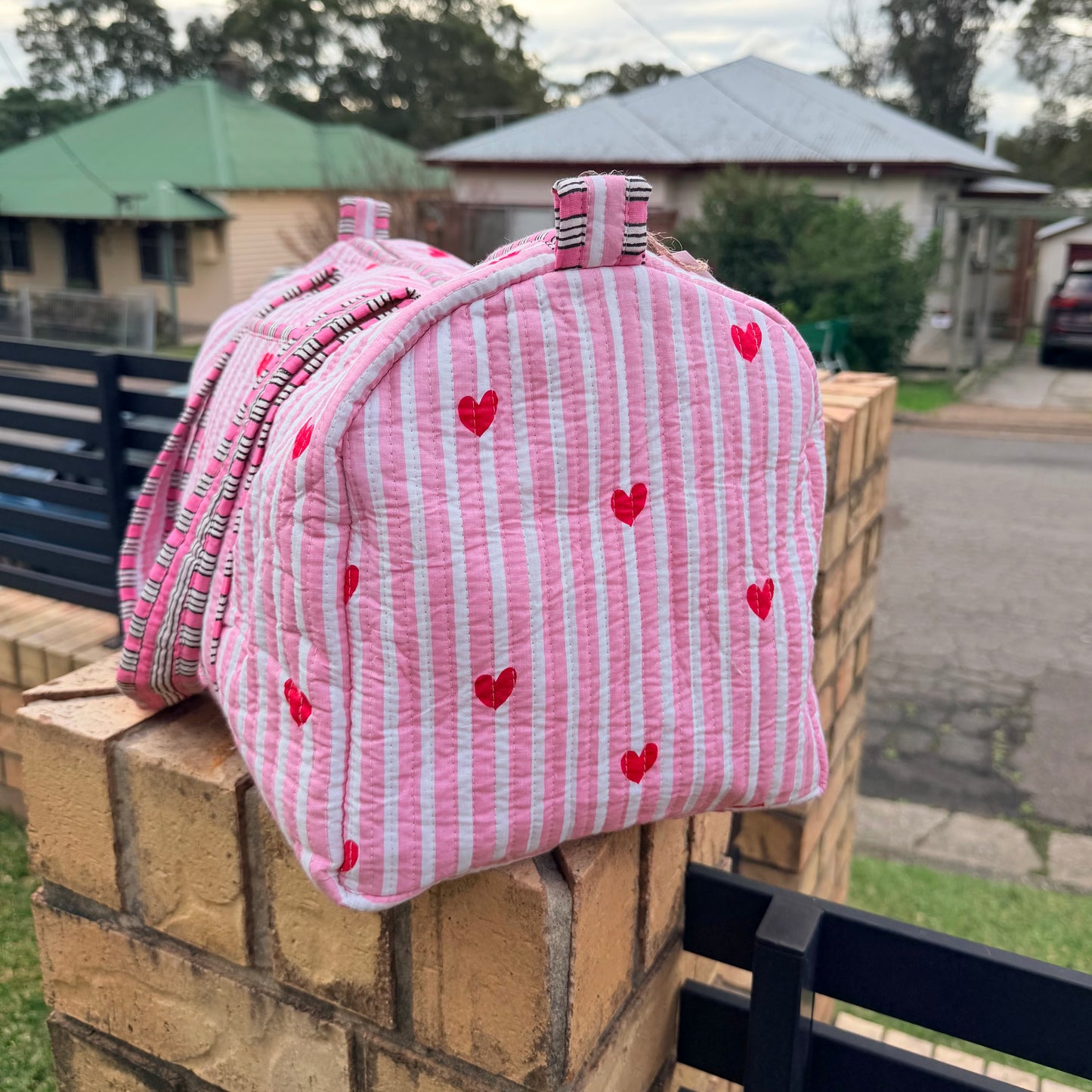 Pink Hearts Handmade Quilted Duffel Bag | Cotton Weekender Travel Bag | Indian Block Print