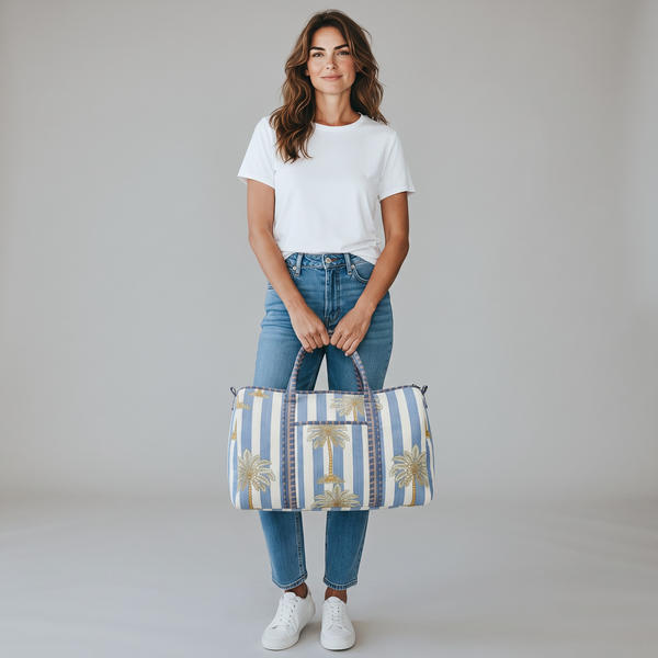 Coastal Palm Handmade Quilted Duffel Bag | Cotton Weekender Travel Bag | Indian Block Print