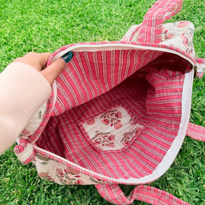 Blush Bloom Handmade Quilted Duffel Bag | Floral Cotton Weekender Travel Bag | Indian Block Print