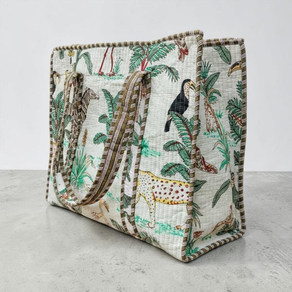 Safari Luxe Handmade Quilted Tote Bag | Large Cotton Shopper Bag | Indian Block Print
