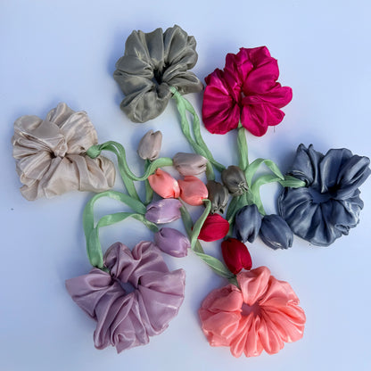 Organza Floral Scrunchie with Satin Tulip Tails | Handmade Hair Accessory