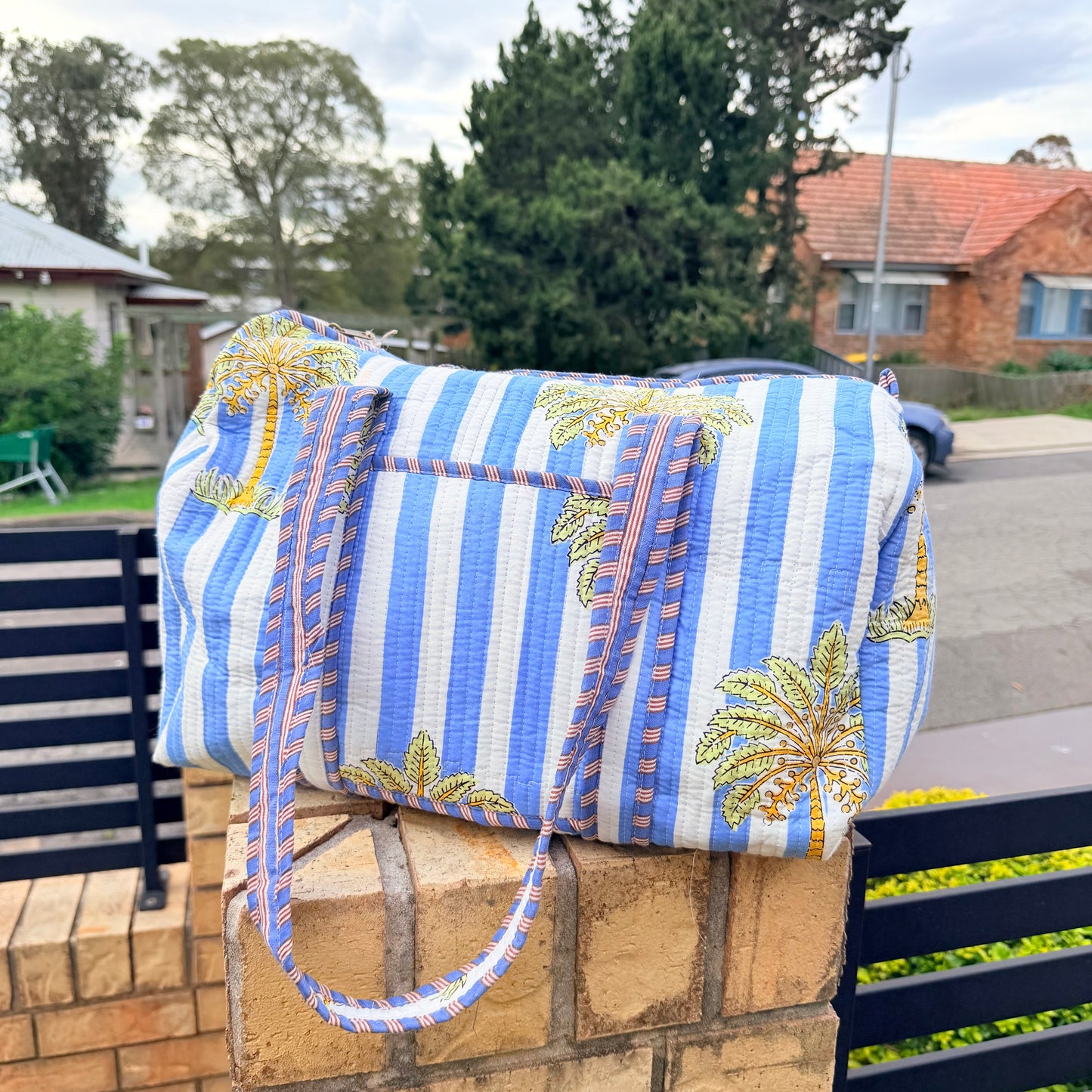 Coastal Palm Handmade Quilted Duffel Bag | Cotton Weekender Travel Bag | Indian Block Print
