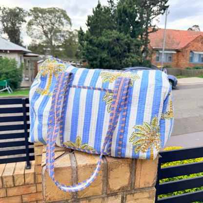 Coastal Palm Handmade Quilted Duffel Bag | Cotton Weekender Travel Bag | Indian Block Print