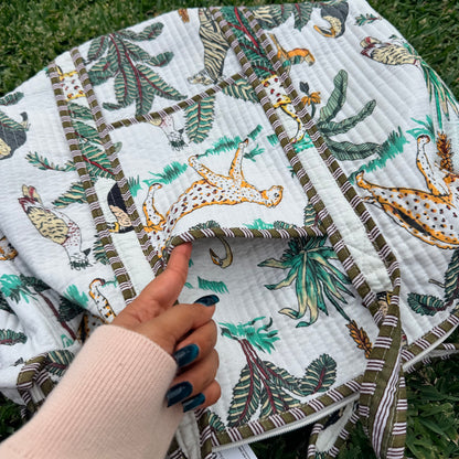 Handmade Quilted Indian Block Print Duffel Bag | Cotton Weekender Travel Bag | Safari Print