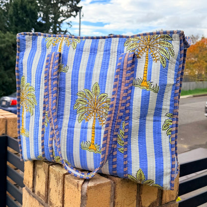 Coastal Palm Handmade Quilted Tote Bag | Blue Cotton Shopper Bag | Indian Block Print