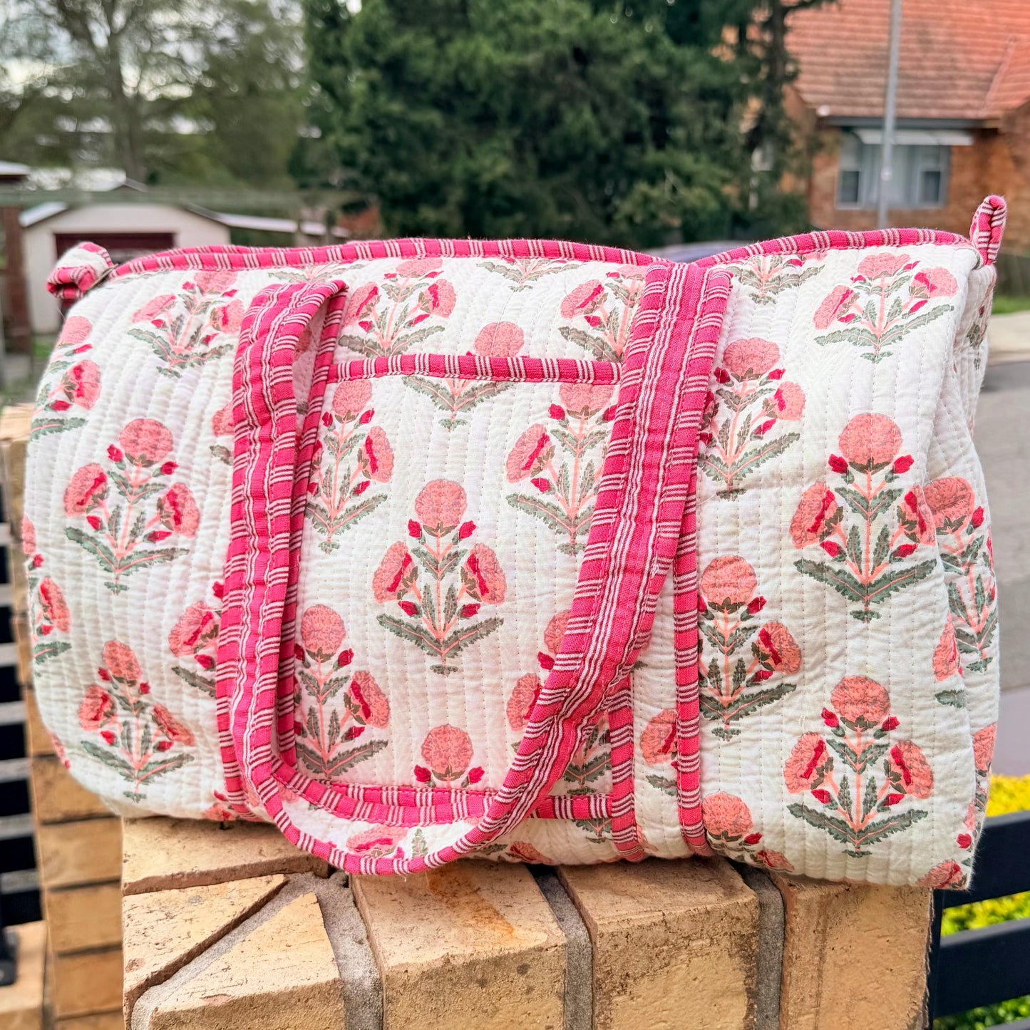 Blush Bloom Handmade Quilted Duffel Bag | Floral Cotton Weekender Travel Bag | Indian Block Print