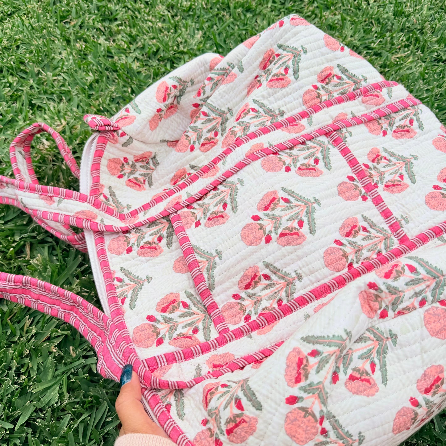 Blush Bloom Handmade Quilted Duffel Bag | Floral Cotton Weekender Travel Bag | Indian Block Print