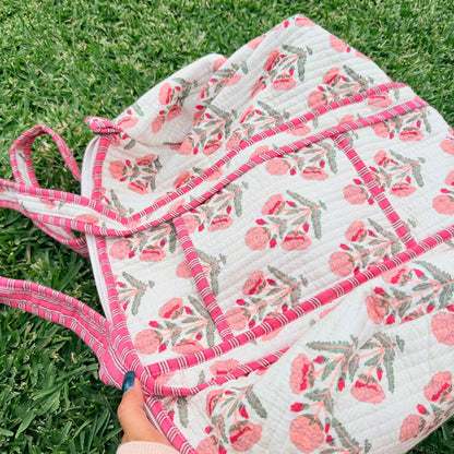 Blush Bloom Handmade Quilted Duffel Bag | Floral Cotton Weekender Travel Bag | Indian Block Print