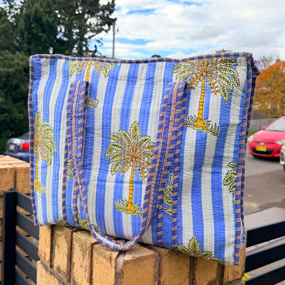 Coastal Palm Handmade Quilted Tote Bag | Blue Cotton Shopper Bag | Indian Block Print
