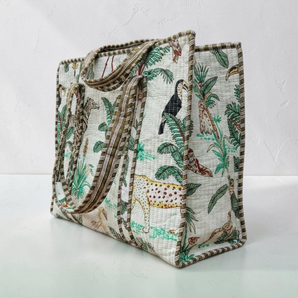 Safari Luxe Handmade Quilted Tote Bag | Large Cotton Shopper Bag | Indian Block Print