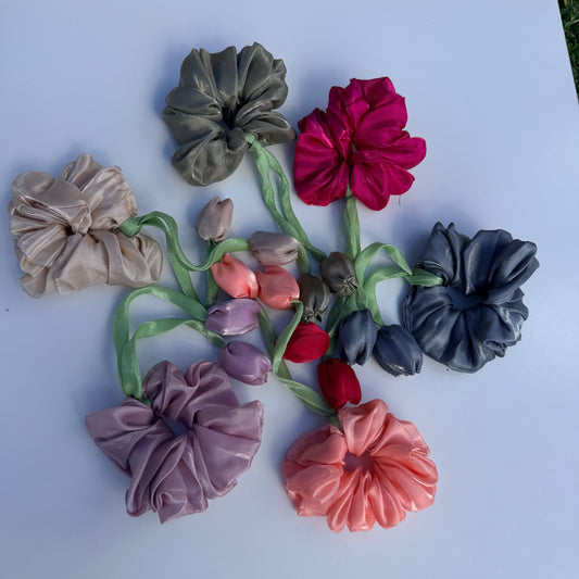 Organza Floral Scrunchie with Satin Tulip Tails | Handmade Hair Accessory