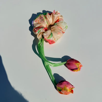 Floral Organza Tulip Scrunchie | Handmade Printed Hair Accessory