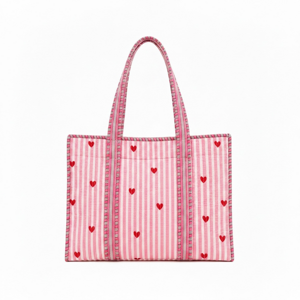 Sweetheart Handmade Quilted Tote Bag | Pink Heart Cotton Shopper Bag | Everyday Tote