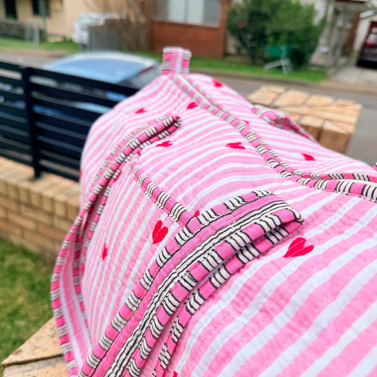 Pink Hearts Handmade Quilted Duffel Bag | Cotton Weekender Travel Bag | Indian Block Print