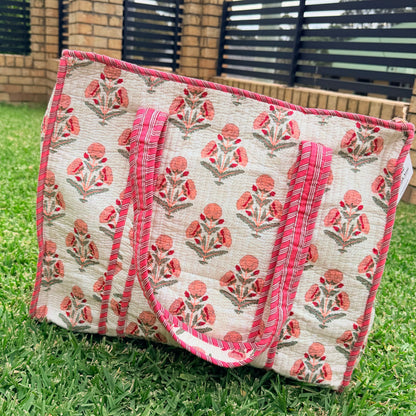 Blush Bloom Handmade Quilted Tote Bag | Floral Cotton Shopper Bag | Indian Block Print