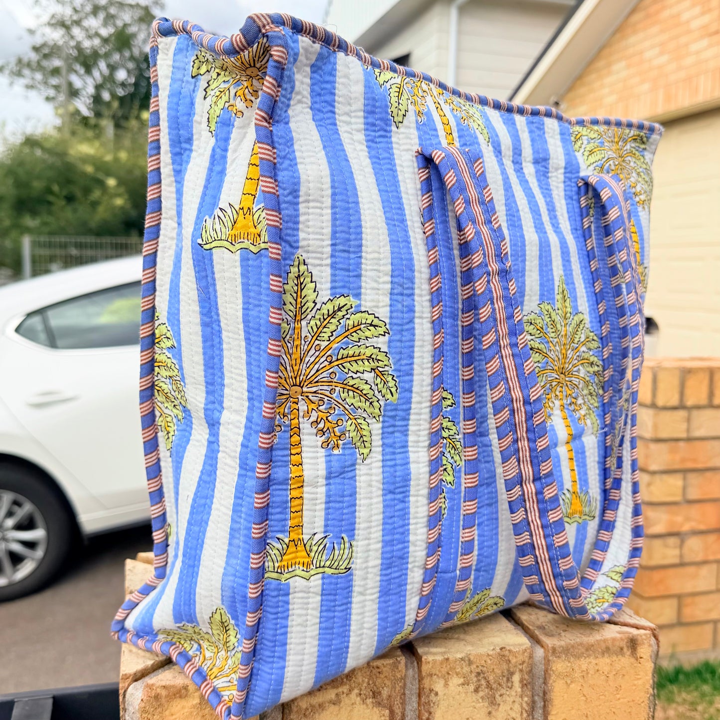 Coastal Palm Handmade Quilted Tote Bag | Blue Cotton Shopper Bag | Indian Block Print