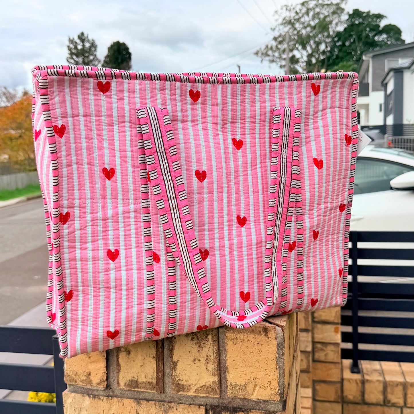 Sweetheart Handmade Quilted Tote Bag | Pink Heart Cotton Shopper Bag | Everyday Tote