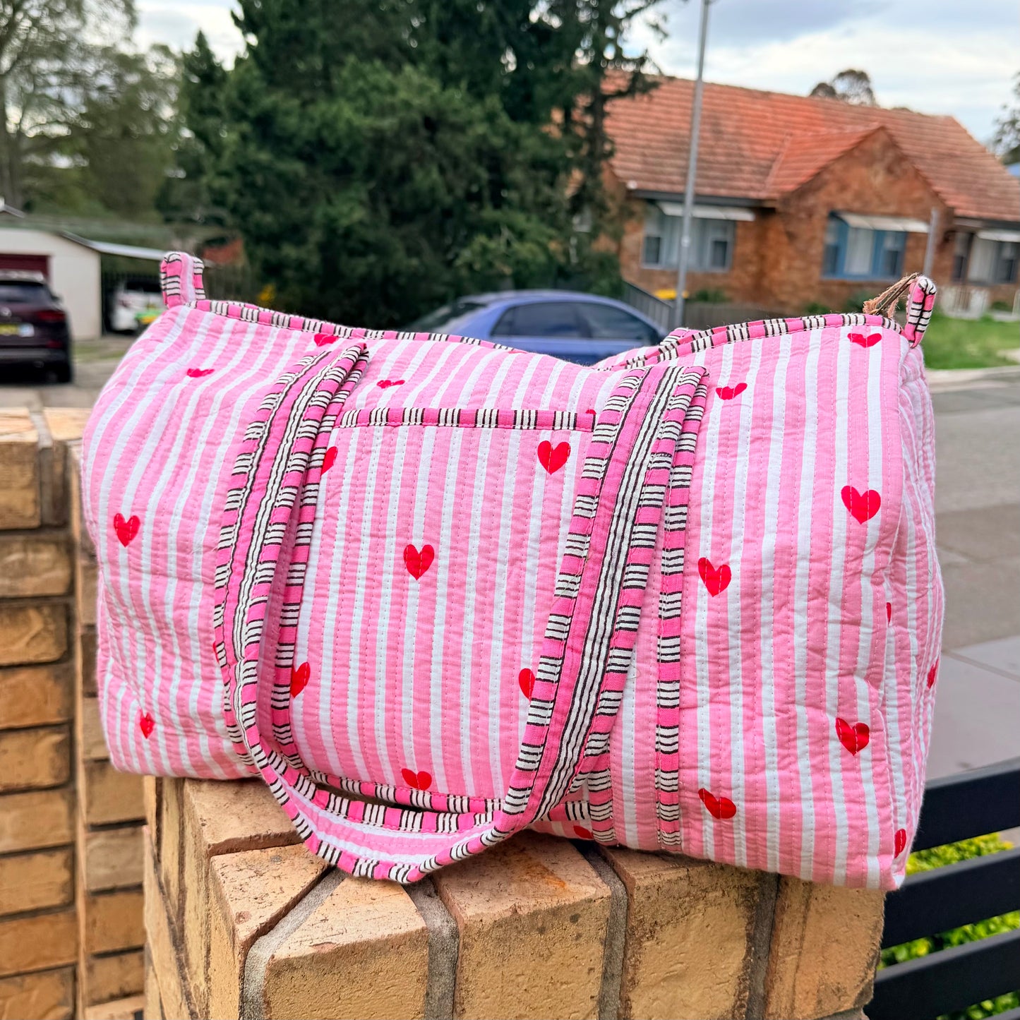 Pink Hearts Handmade Quilted Duffel Bag | Cotton Weekender Travel Bag | Indian Block Print