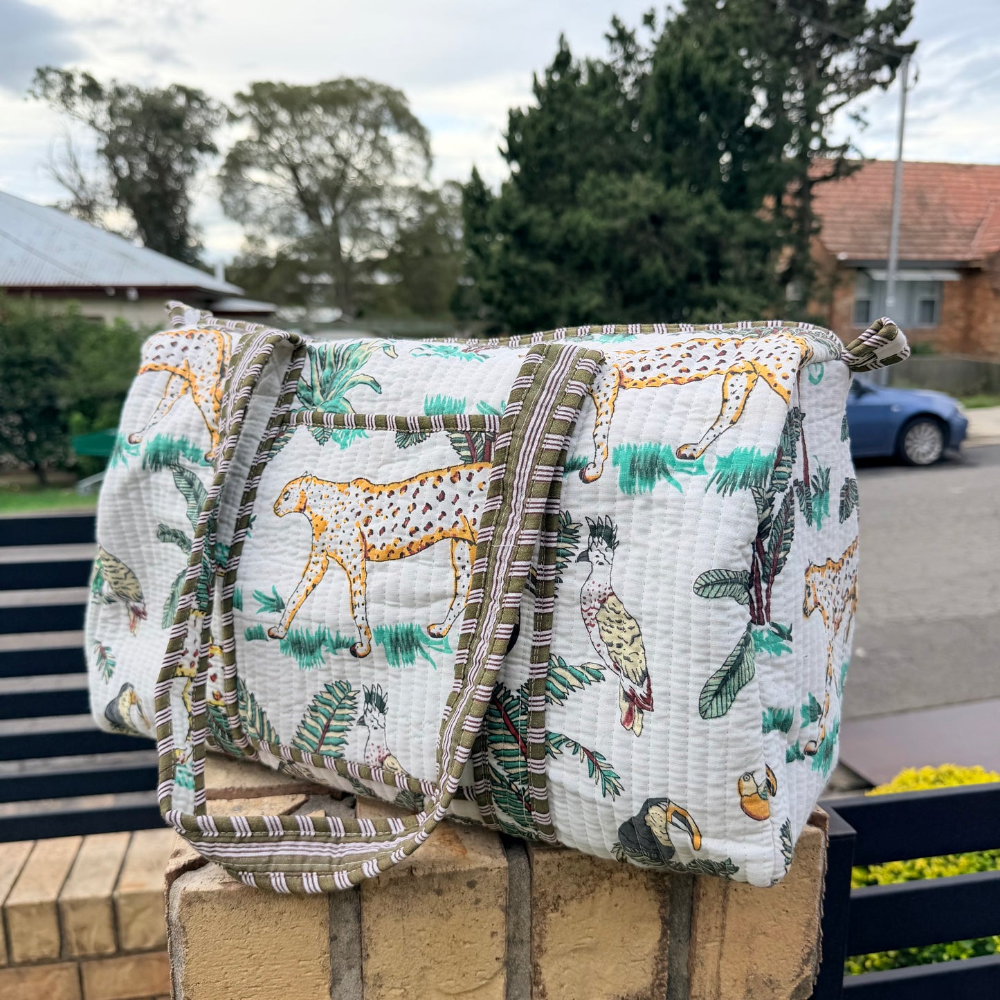 Handmade Quilted Indian Block Print Duffel Bag | Cotton Weekender Travel Bag | Safari Print