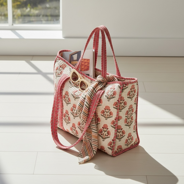 Blush Bloom Handmade Quilted Tote Bag | Floral Cotton Shopper Bag | Indian Block Print