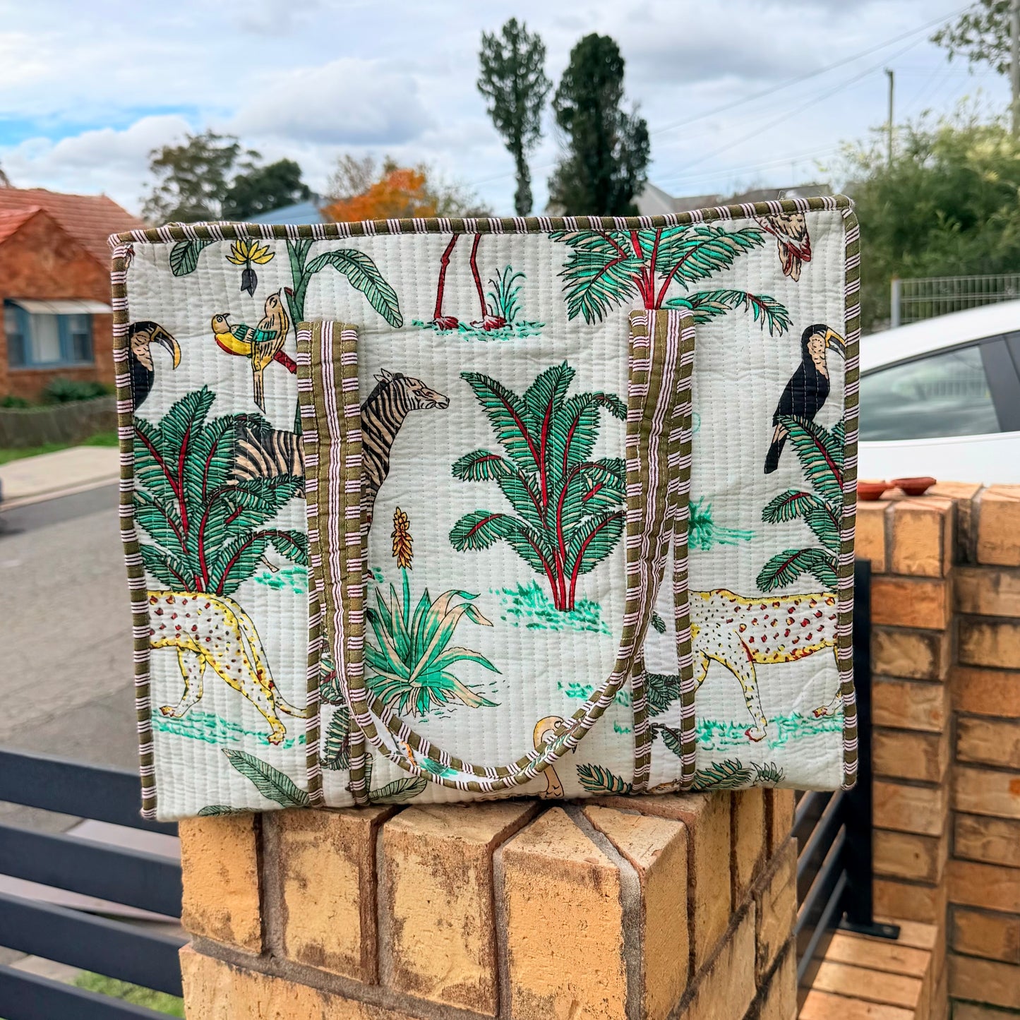 Safari Luxe Handmade Quilted Tote Bag | Large Cotton Shopper Bag | Indian Block Print