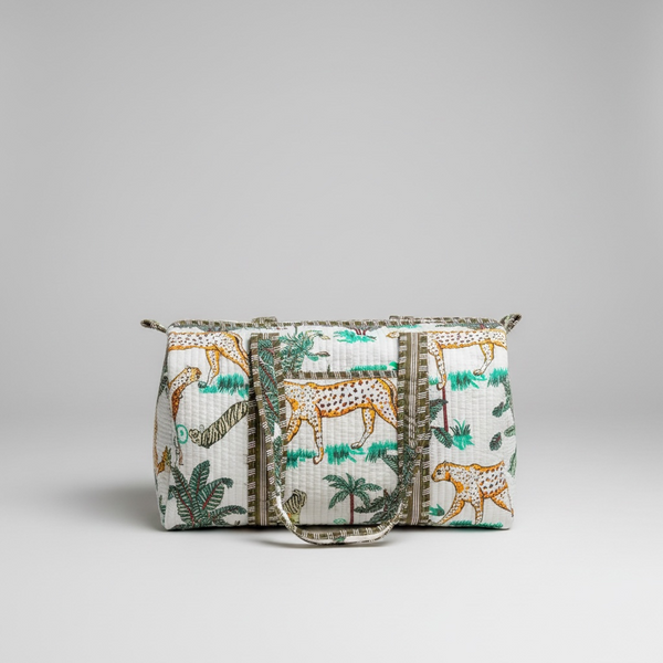 Handmade Quilted Indian Block Print Duffel Bag | Cotton Weekender Travel Bag | Safari Print