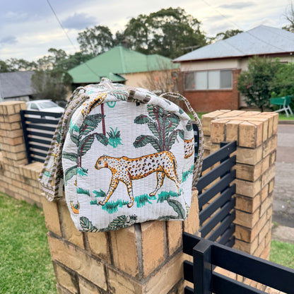 Handmade Quilted Indian Block Print Duffel Bag | Cotton Weekender Travel Bag | Safari Print