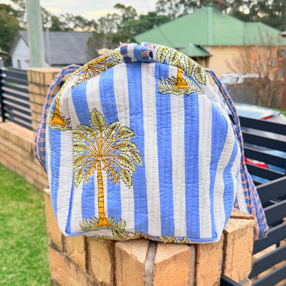 Coastal Palm Handmade Quilted Duffel Bag | Cotton Weekender Travel Bag | Indian Block Print