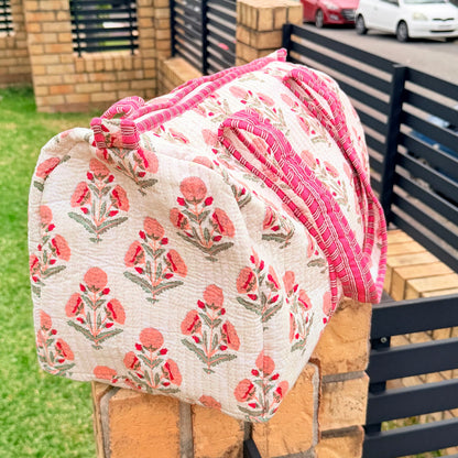 Blush Bloom Handmade Quilted Duffel Bag | Floral Cotton Weekender Travel Bag | Indian Block Print