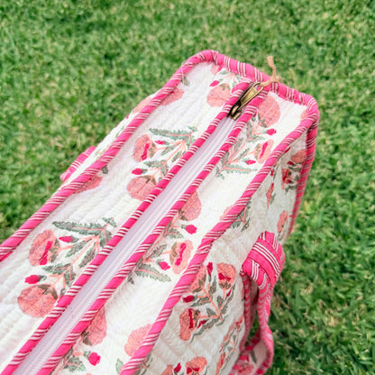 Blush Bloom Handmade Quilted Tote Bag | Floral Cotton Shopper Bag | Indian Block Print