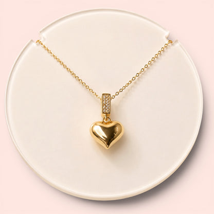 Luna Puffed Heart Necklace – Gold Crystal Charm