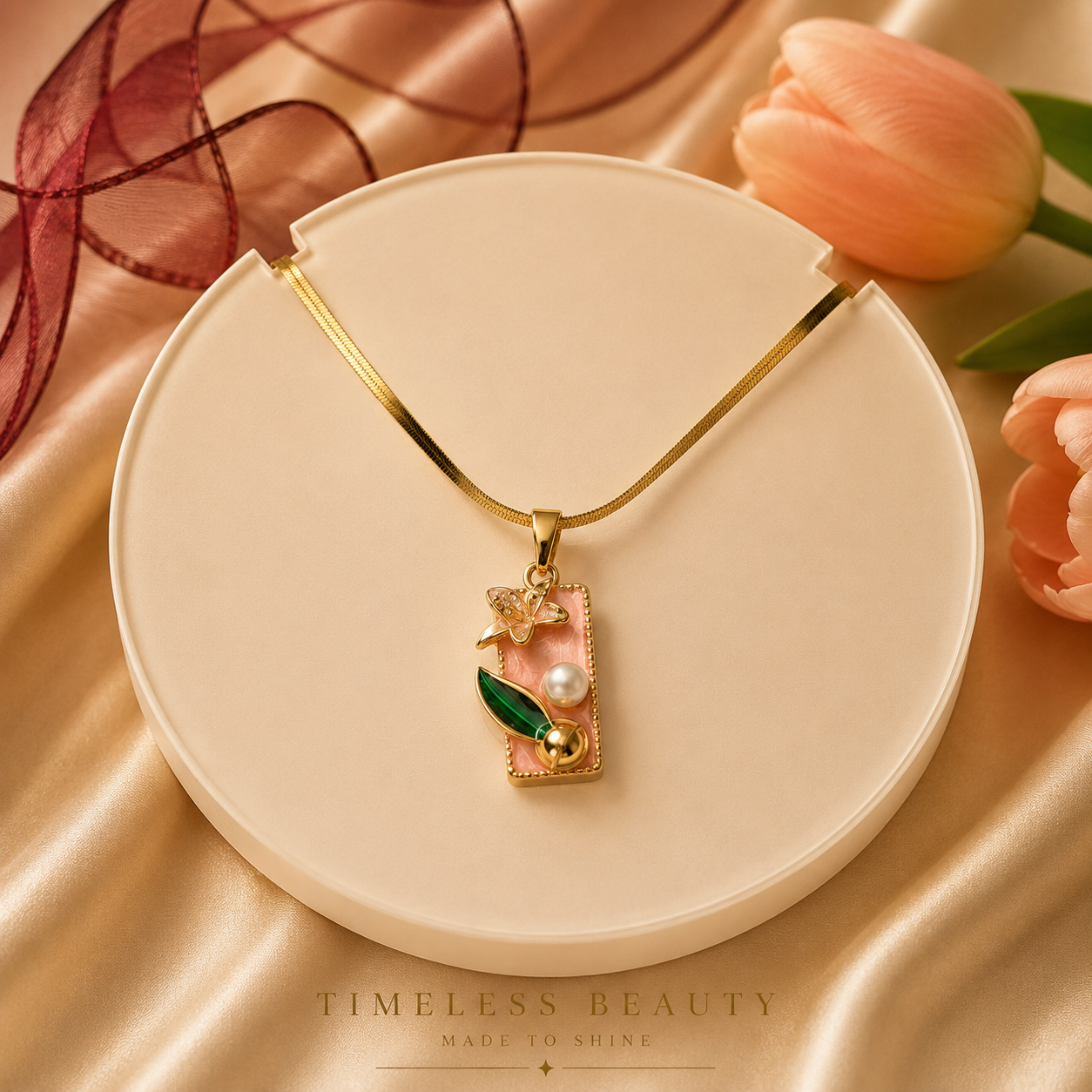 Floral Charm Gold Necklace – Dainty Enamel Pendant (Waterproof & Tarnish-Free)