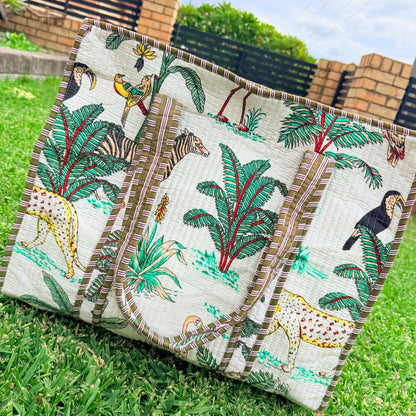Safari Luxe Handmade Quilted Tote Bag | Large Cotton Shopper Bag | Indian Block Print