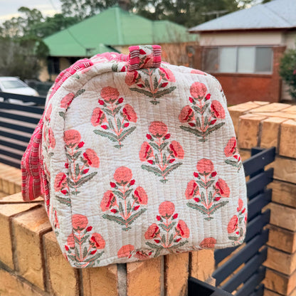Blush Bloom Handmade Quilted Duffel Bag | Floral Cotton Weekender Travel Bag | Indian Block Print