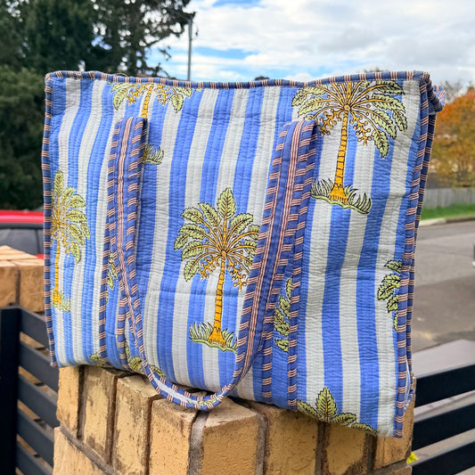 Coastal Palm Handmade Quilted Tote Bag | Blue Cotton Shopper Bag | Indian Block Print