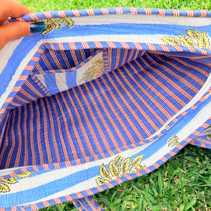 Coastal Palm Handmade Quilted Tote Bag | Blue Cotton Shopper Bag | Indian Block Print