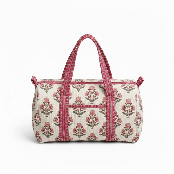 Blush Bloom Handmade Quilted Duffel Bag | Floral Cotton Weekender Travel Bag | Indian Block Print