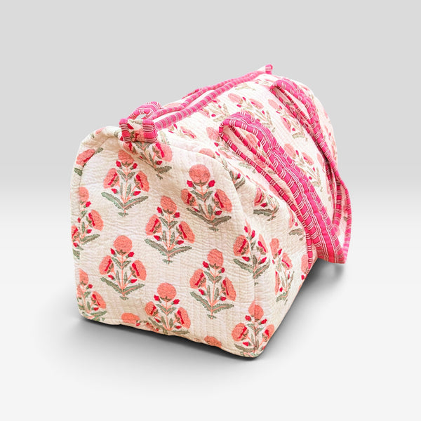 Blush Bloom Handmade Quilted Duffel Bag | Floral Cotton Weekender Travel Bag | Indian Block Print