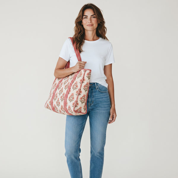 Blush Bloom Handmade Quilted Tote Bag | Floral Cotton Shopper Bag | Indian Block Print
