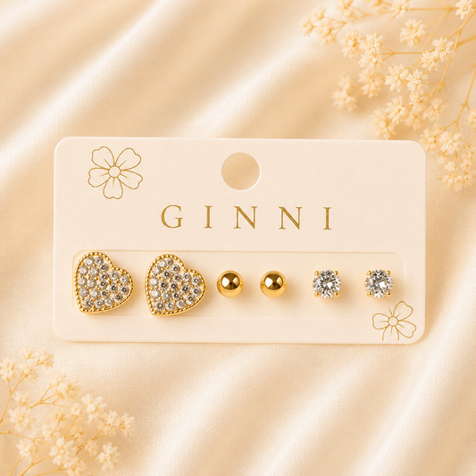 3 Pair Heart & Crystal Stud Earring Set