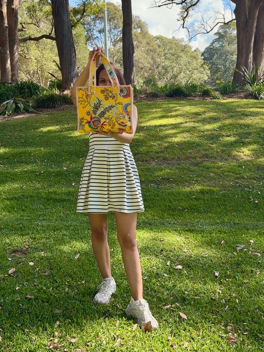 Yellow Floral Cotton Tote Bag - 12*12 inches