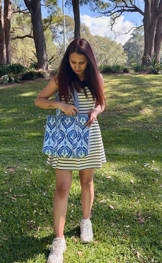 Blue Patterned Cotton Tote Bag - 14*14 Inches