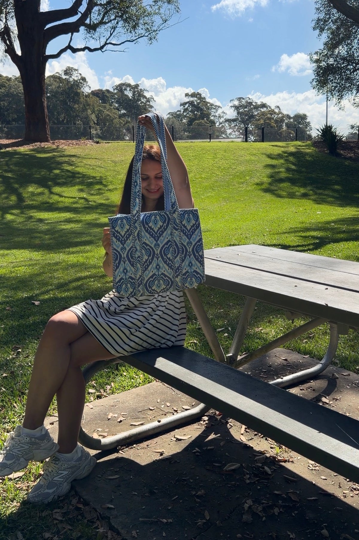 Blue Patterned Cotton Tote Bag - 14*14 Inches