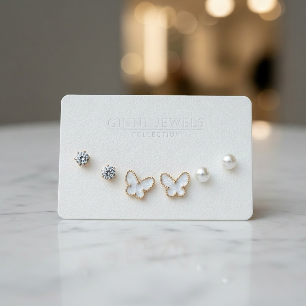 Gold Butterfly & Pearl Stud Set
